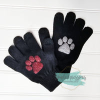 Glitter paw print stretch knit gloves